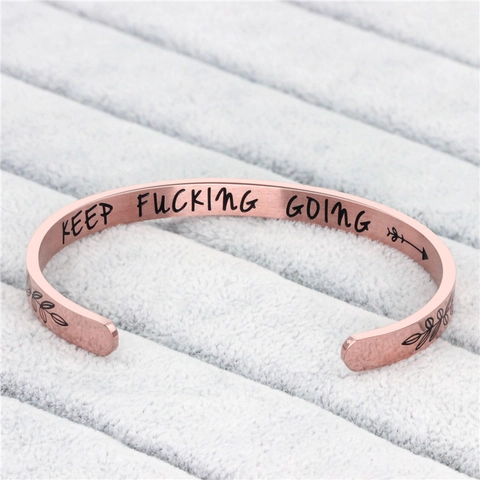 Stainless Steel Inspirational Cuff Bracelet Engraved Quote For Women Men Keep Fucking Going Open Bangle Adjustable Jewelry