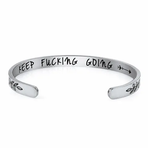 Stainless Steel Inspirational Cuff Bracelet Engraved Quote For Women Men Keep Fucking Going Open Bangle Adjustable Jewelry