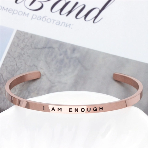 Bracciale a Polsino Inciso I Am Enough Per Donna in Acciaio Inossidabile Scritta Ispiratrice Aperto Gioielli Oro Rosa Argento