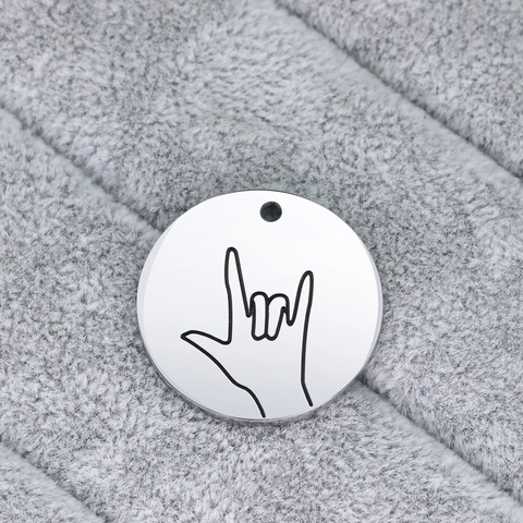 Minimalist 316L Stainless Steel Round Tag I Love You Hand Sign ASL Gesture Charms For DIY Necklace Jewelry Making Silver
