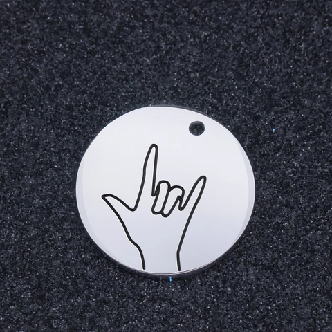 Minimalist 316L Stainless Steel Round Tag I Love You Hand Sign ASL Gesture Charms For DIY Necklace Jewelry Making Silver