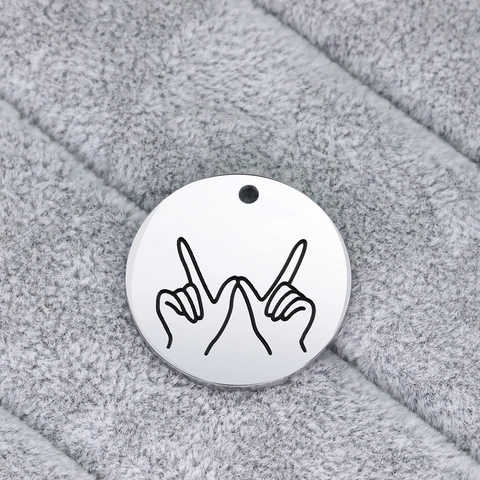 Minimalist Stainless Steel Round Pendant Laser Engraved Hand Sign Gesture Circle Charm DIY Jewelry Necklace Accessory Silver