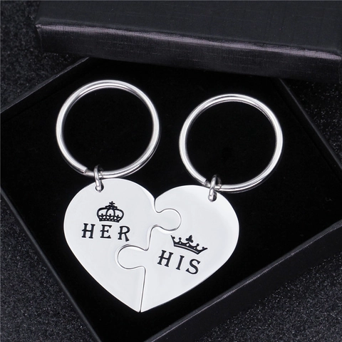 Stainless Steel Couple Puzzle Heart Keychain HIS HER Crown Engraved Romantic Split Heart Pendant Keyring Valentine Gift