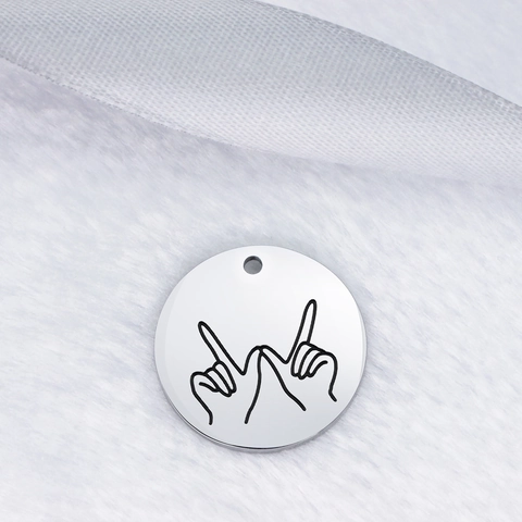 Minimalist Stainless Steel Round Pendant Laser Engraved Hand Sign Gesture Circle Charm DIY Jewelry Necklace Accessory Silver