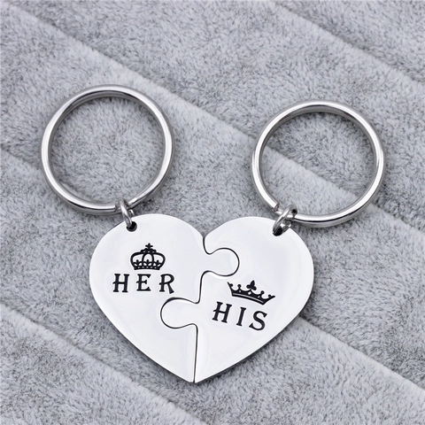 Stainless Steel Couple Puzzle Heart Keychain HIS HER Crown Engraved Romantic Split Heart Pendant Keyring Valentine Gift
