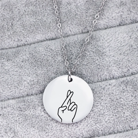 Collana con Ciondolo a Gesto della Mano in Acciaio Inossidabile Disco Rotondo Catena a Scatola Gioielli di Moda Minimalista Donna