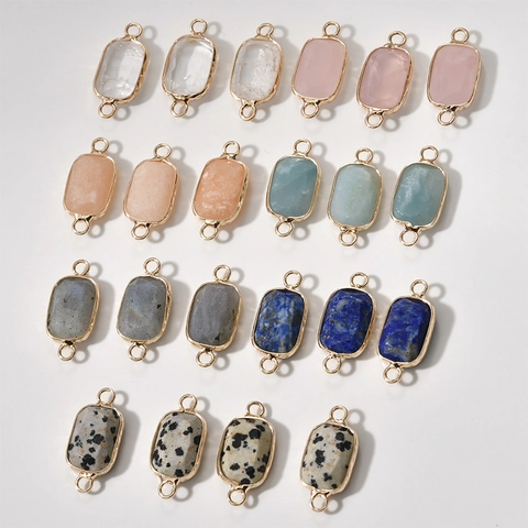 Natural Gemstone Rectangular Faceted Double Loop Connector Charms Gold Plated Copper For DIY Necklace Bracelet Making