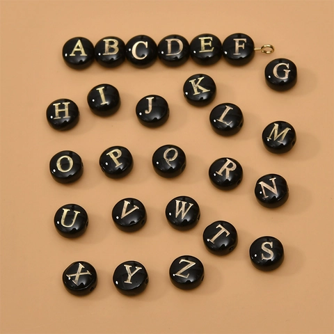 Round Black Natural Shell Alphabet Beads Gold Plated Letters Double Sided Bead For DIY Jewelry Making Accessories