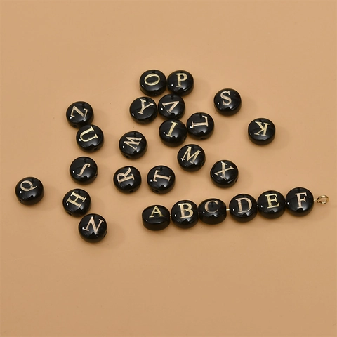 Round Black Natural Shell Alphabet Beads Gold Plated Letters Double Sided Bead For DIY Jewelry Making Accessories