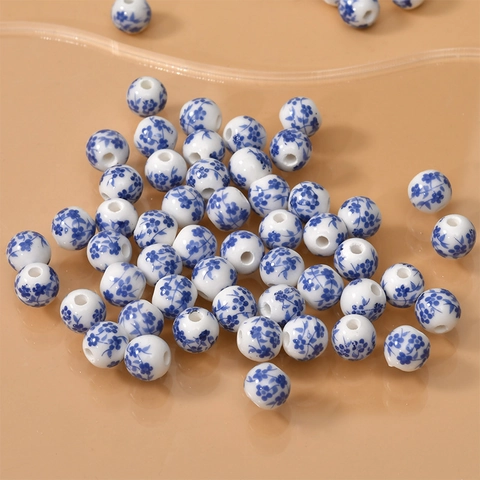 Ceramic Blue And White Floral Round Loose Beads DIY Jewelry Making Accessories Handmade Porcelain Style Printed Pattern Beads
