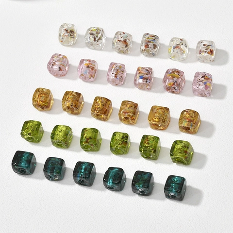 Perles en Verre Lampwork Cube 3D Style Peinture à l'Huile Vintage Feuille d'Argent Faites à la Main pour Fabrication de Bijoux DIY