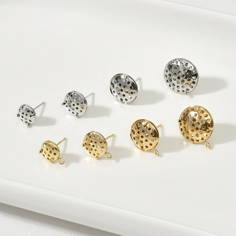 14K Gold Plated Copper Round Hollow Honeycomb Earring Posts With Silver Pins DIY Jewelry Making Findings Components With Loop