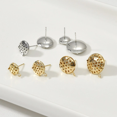 14K Gold Plated Copper Round Hollow Honeycomb Earring Posts With Silver Pins DIY Jewelry Making Findings Components With Loop