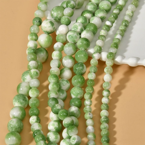 Natural Stone Persian Jade Round Beads Marble Texture Green White Smudged Loose Beads For DIY Necklace Bracelet Making