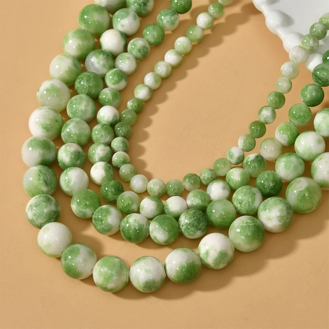 Natural Stone Persian Jade Round Beads Marble Texture Green White Smudged Loose Beads For DIY Necklace Bracelet Making