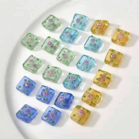 Square Lampwork Glass Flower Beads Handmade Floral Glass Spacers For Jewelry Making DIY Bracelets Necklaces Earrings