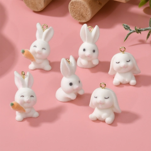 Cute Resin Flocked Rabbit Pendants For DIY Earring Jewelry Making Cartoon Bunny Charms With Metal Loop Craft Accessories
