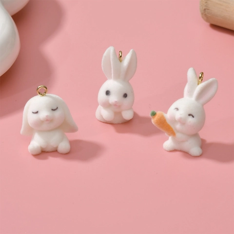 Cute Resin Flocked Rabbit Pendants For DIY Earring Jewelry Making Cartoon Bunny Charms With Metal Loop Craft Accessories