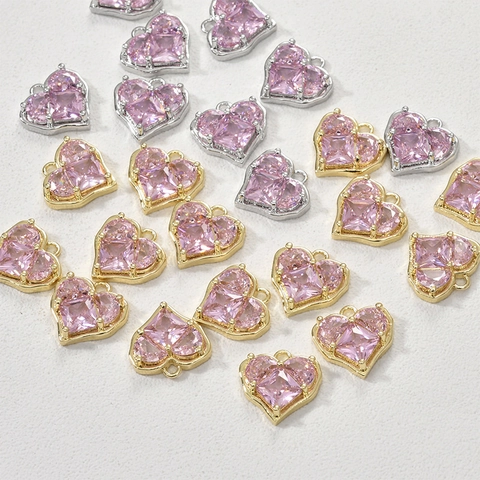 Ciondolo a Cuore Placcato Oro 14K Rame Zirconia Rosa DIY Accessori per la Creazione di Gioielli per Collana Bracciale Orecchini Stile Romantico Regalo Donna