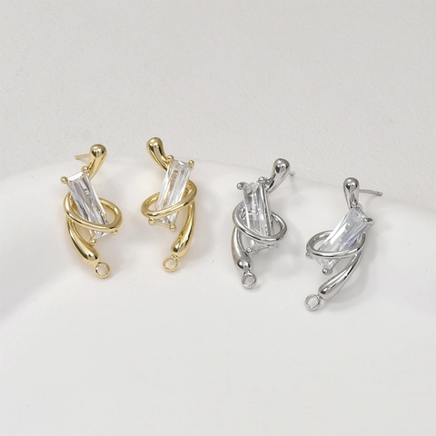 Poste de Pendiente de Cobre Chapado en Oro 14K Con Circonia Rectangular Línea Retorcida Bucle Poste de Plata Para Creación Joyería DIY