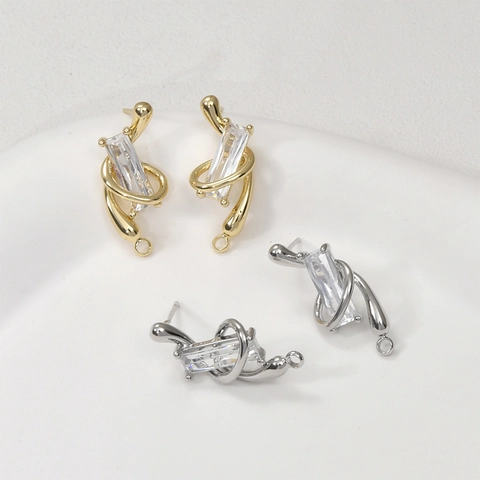 Poste de Pendiente de Cobre Chapado en Oro 14K Con Circonia Rectangular Línea Retorcida Bucle Poste de Plata Para Creación Joyería DIY