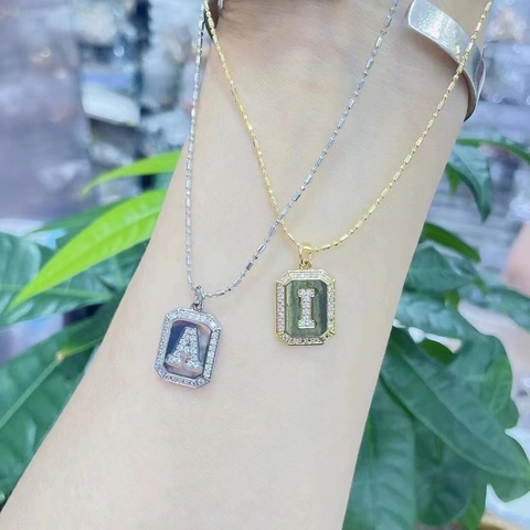 Retro Quadratischer Rahmen Anfangsbuchstabe Anhänger Halskette Kupfer Zirkonia A-Z Alphabet Schlüsselbeinkette Schmuck Geschenk Damen