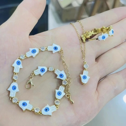 Hamsa Hand Böser Blick Schmuckset Emaille Tropföl Zirkonia Vergoldet Kupfer Halskette Armband Ohrringe Für Damen Schmuck