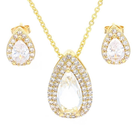 Conjunto Joyería Cobre Chapado Oro Lujo Mujer Circonia Pera Brillante Collar Colgante Gota Agua Pendientes Botón
