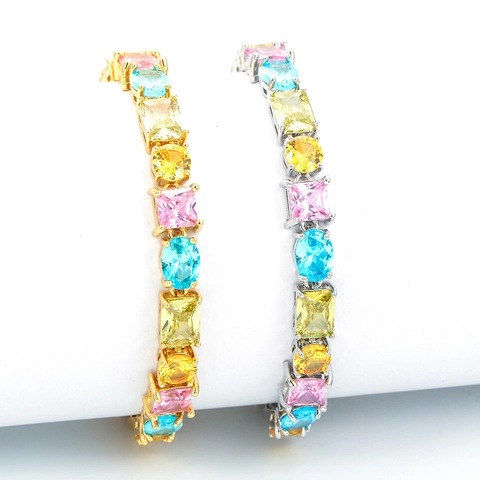 Hip Hop Kupfer Mehrfarbige Zirkonia Tennis Kette Halskette Armband Für Herren Damen Regenbogen Iced Out Mikro Pavé Schmuck