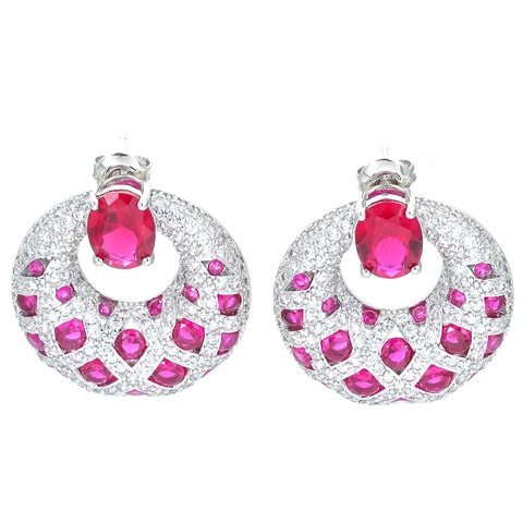 Vintage Palace Hollow Round Stud Earrings With Red Synthetic Ruby Zirconia Electroplated Copper For Wedding Party Jewelry