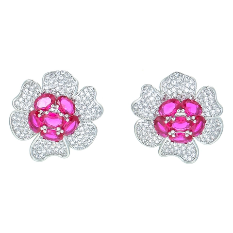 Vintage Court Style Flower Stud Earrings With Synthetic Ruby And Cubic Zirconia Copper Base Fashion Jewelry For Women