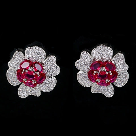Vintage Court Style Flower Stud Earrings With Synthetic Ruby And Cubic Zirconia Copper Base Fashion Jewelry For Women