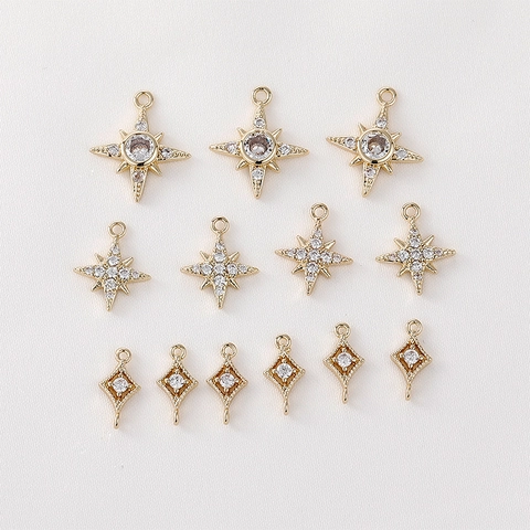 14K Gold Plated Copper Star Rhombus Zircon Pendants DIY Charms For Earring Bracelet Necklace Making Jewelry Accessories