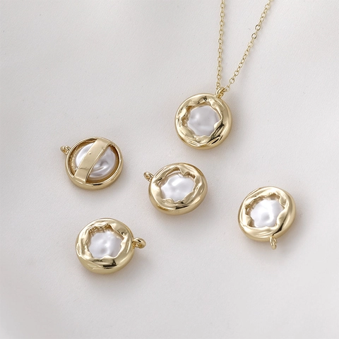 Pendete Perla Artificial Barocca Tonda in Rame Placcato Oro 14k Bordo Ondulato Irregolare Fai da Te Collana Componente Creazione Gioielli
