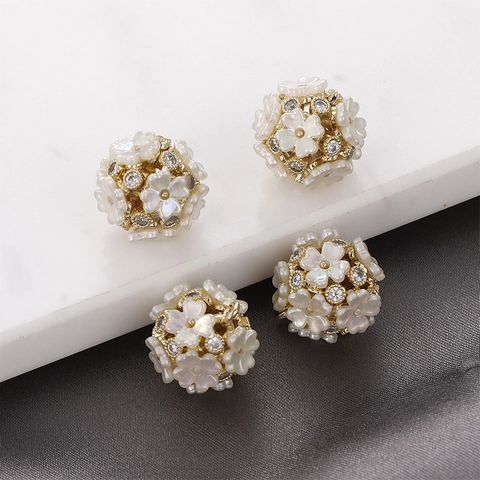 14K Gold Plated Copper Hollow Flower Ball Pendant With Imitation Shell Petals Zircon Inlaid DIY Jewelry Making Accessory
