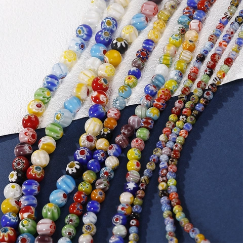 Perline Tonde in Vetro Millefiori Motivo Floreale Misto Lampwork Perline Sciolte per Fai da Te Bracciale Collana Accessori