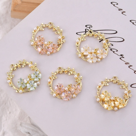 14K Gold Plated Alloy Flower Wreath Pendant With Imitation Artificial Pearl Shell Pendant Only For DIY Earring Jewelry Making Accessory