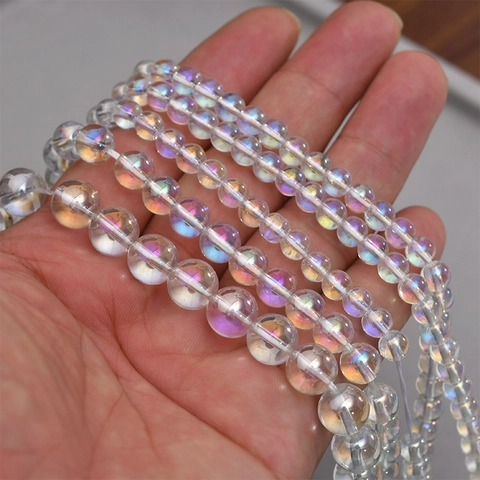 Aurora Rainbow Glass Round Loose Beads Electroplated Iridescent Transparent Crystal Beads For DIY Jewelry Making Bracelet Necklace Accessories