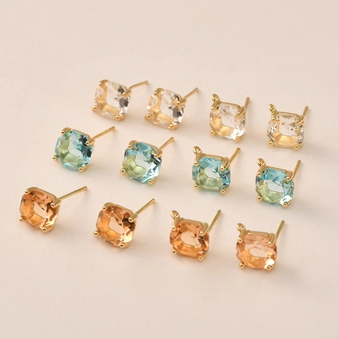 Gold Plated Copper Square Zirconia Earring Posts With Silver Earring Post Loop For DIY Jewelry Making Findings Accessory