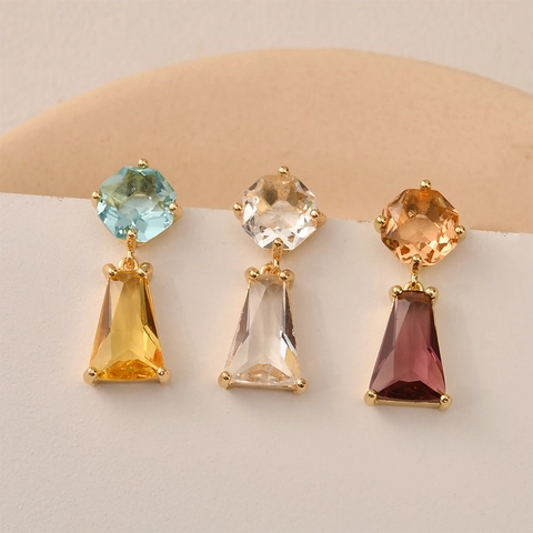 Gold Plated Copper Square Zirconia Earring Posts With Silver Earring Post Loop For DIY Jewelry Making Findings Accessory