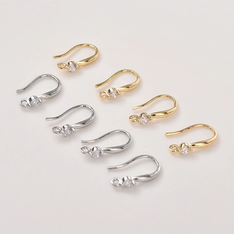 14K Real Gold Plated Copper Earring Hooks With Single Zirconia Round French Ear Wires DIY Jewelry Making Findings