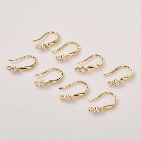 14K Real Gold Plated Copper Earring Hooks With Single Zirconia Round French Ear Wires DIY Jewelry Making Findings