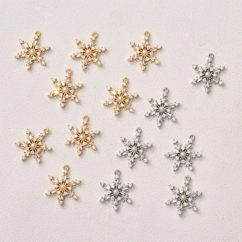 Ciondolo Fiocco di Neve in Rame Zirconia Perla Artificiale per Fai da Te Creazione Gioielli Oro Argento Strass Accessorio Inverno