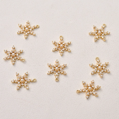 Ciondolo Fiocco di Neve in Rame Zirconia Perla Artificiale per Fai da Te Creazione Gioielli Oro Argento Strass Accessorio Inverno