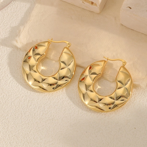 Vintage Stainless Steel Earrings For Women Gold Plated Rhombus Grid Hoop Earrings Heart Flower Stud Jewelry Accessories