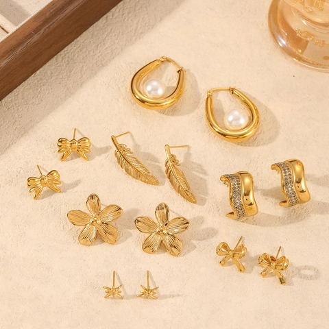 Stainless Steel Geometric Stud Earrings For Women Gold Plated Heart Hollow Grid Bowknot Feather Rhinestone Artificial Pearl Jewelry