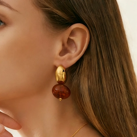 Retro Stainless Steel 18K Gold Plated Dangle Earrings With Amber Resin Water Drop For Women Vintage Jewelry Accessory