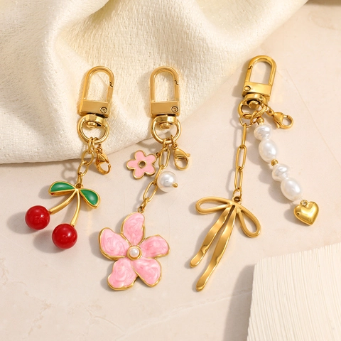 Stainless Steel Enamel Cherry Flower Bow Keychain Sweet Artificial Pearl Bag Charm Heart Pendant Accessory For Women