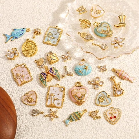 Stainless Steel DIY Jewelry Pendants Heart Flower Cat Paw Zirconia Enamel Drip Oil Charms For Necklaces Bracelets Making Jewelry
