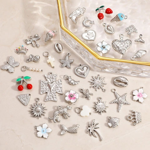 Stainless Steel Ocean Fruit Flower DIY Pendant Charms For Jewelry Making Enamel Sea Star Shell Strawberry Heart Star Moon